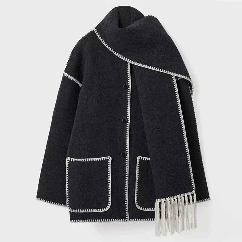 Stylish woolen coat with scarf and tassels