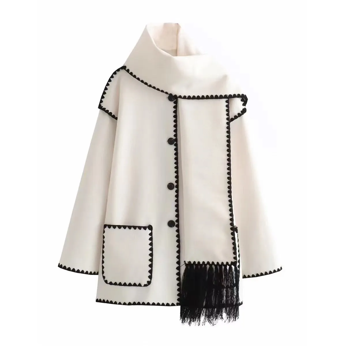 Stylish woolen coat with scarf and tassels