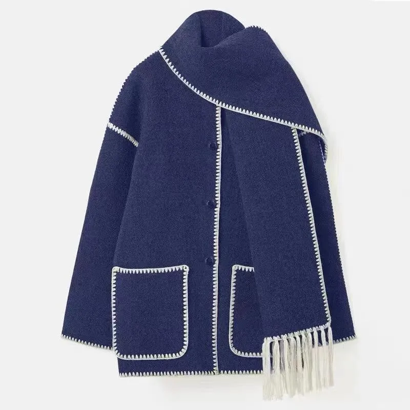 Stylish woolen coat with scarf and tassels