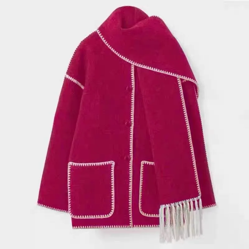 Stylish woolen coat with scarf and tassels