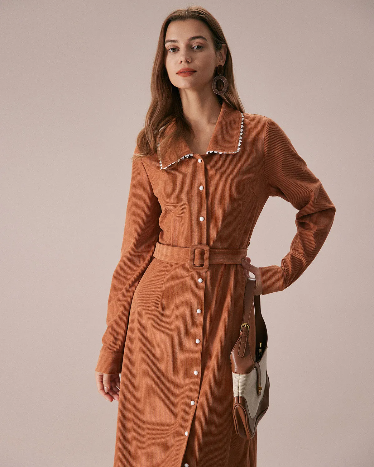 The Brown Lapel Button Corduroy Midi Dress