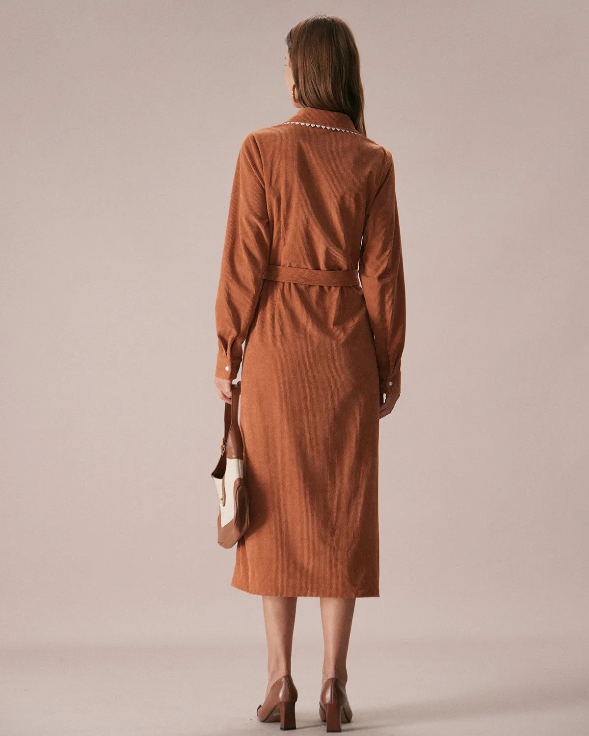 The Brown Lapel Button Corduroy Midi Dress