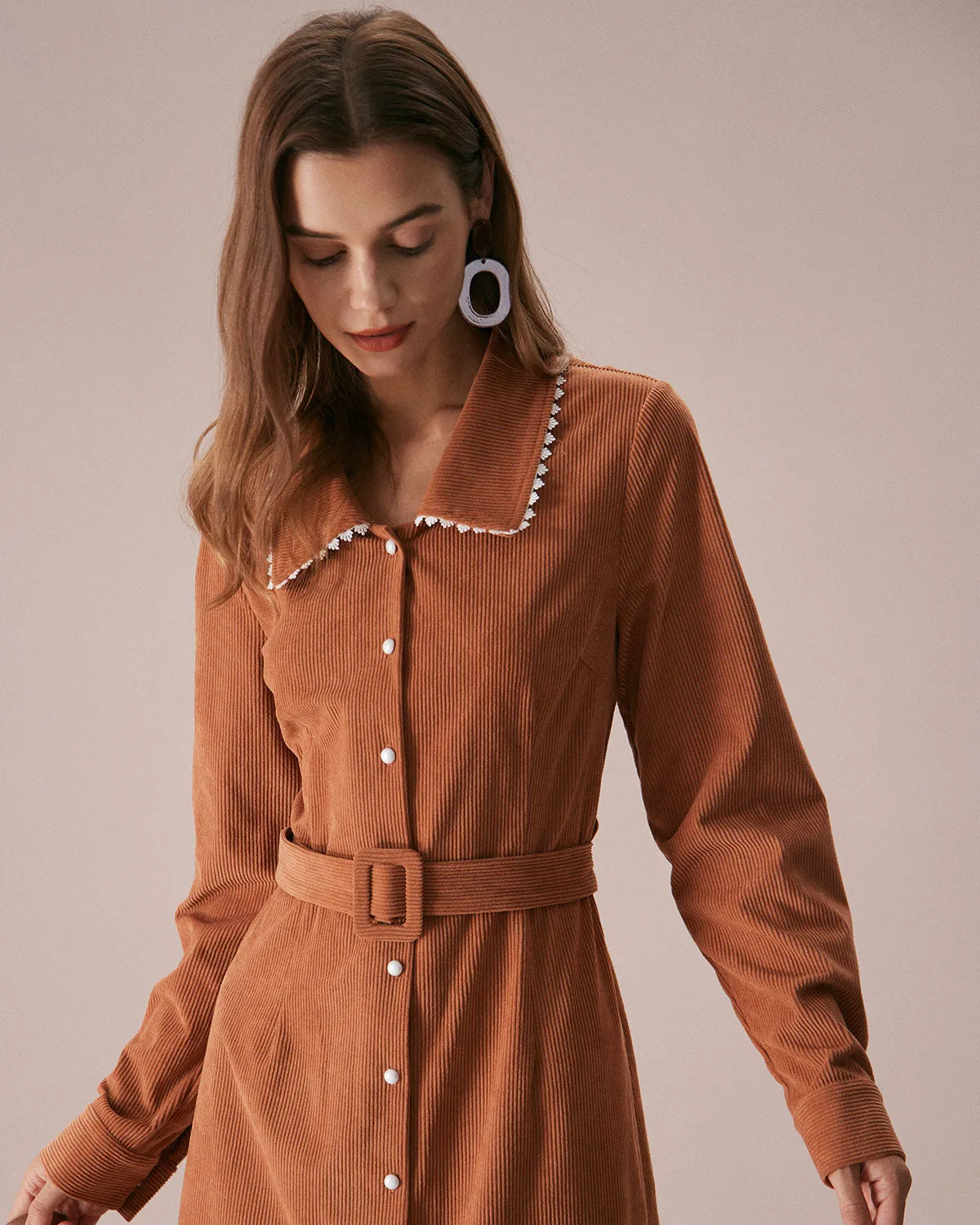The Brown Lapel Button Corduroy Midi Dress