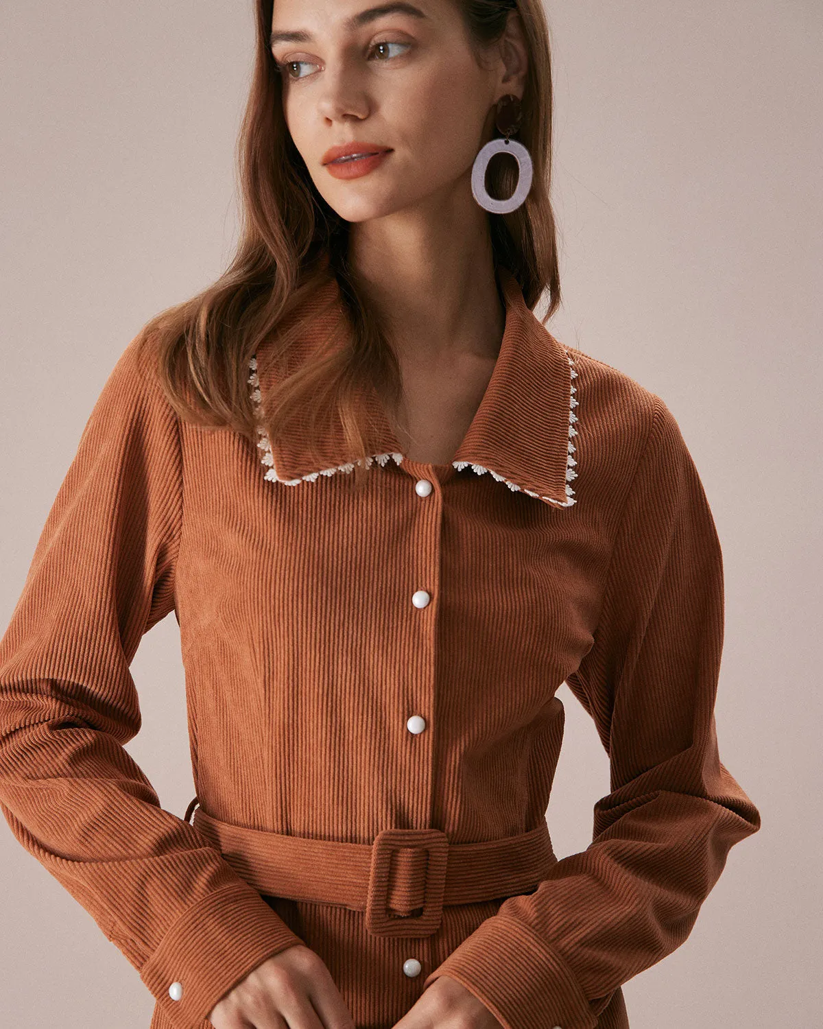 The Brown Lapel Button Corduroy Midi Dress