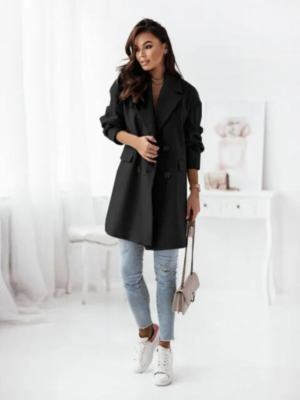 Women's Double Breasted Woolen Blend Mid Length Coat