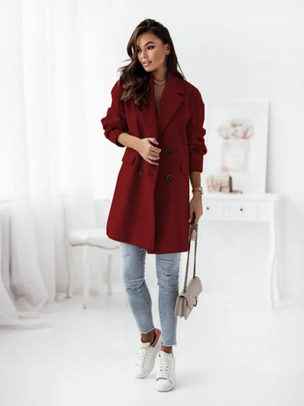 Women's Double Breasted Woolen Blend Mid Length Coat