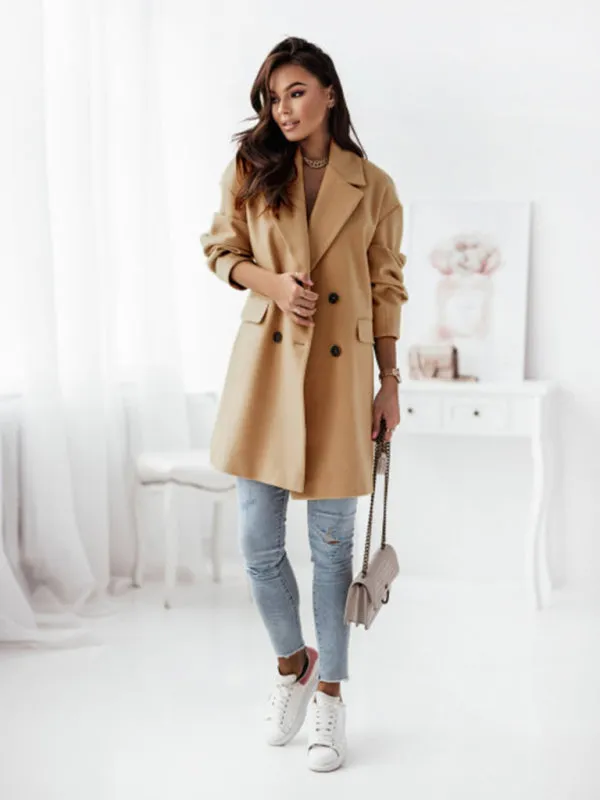 Women's Double Breasted Woolen Blend Mid Length Coat