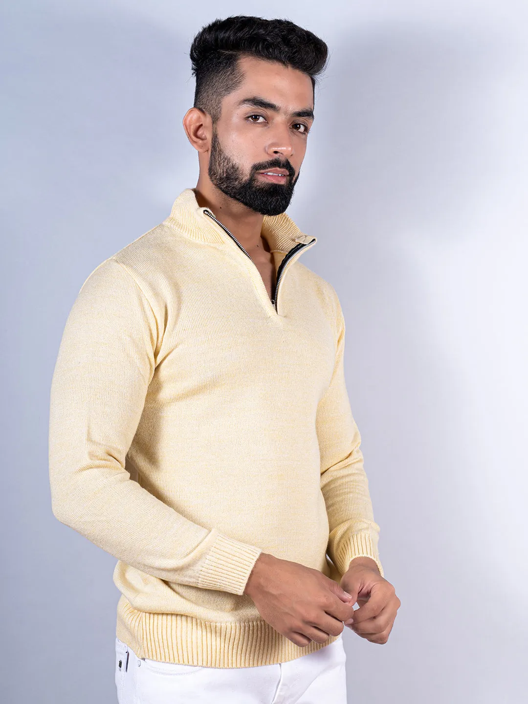 Yellow Color Classic Zipper Sweater