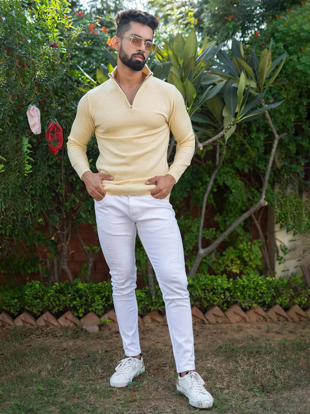 Yellow Color Classic Zipper Sweater